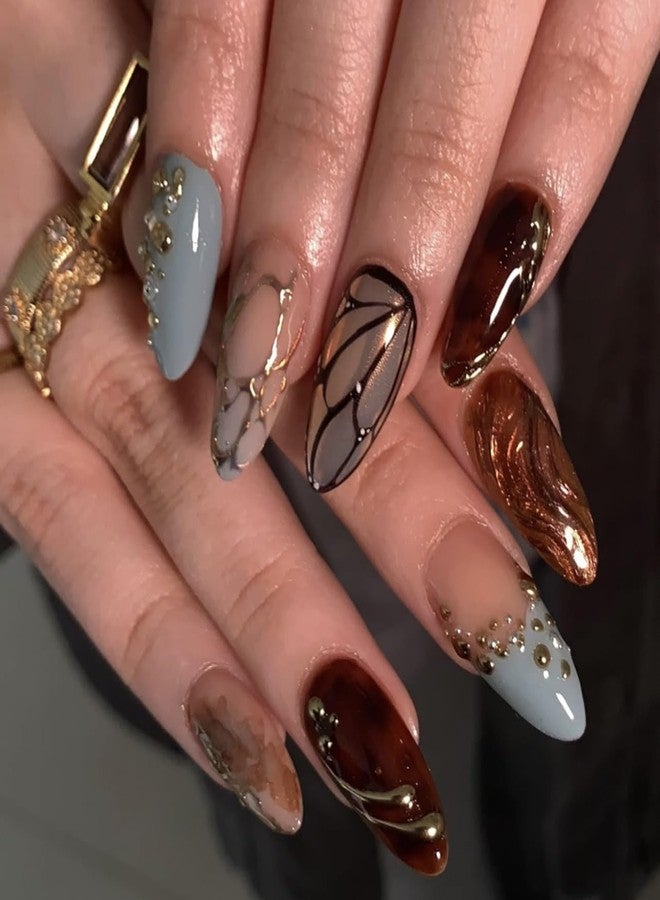 CTTHNBD Press on Nails Almond - Medium Fake Nails with Gold Line Rhinestone Design - Winter False Nails Press Ons - for Women Manicure 24 Pcs - Image 1
